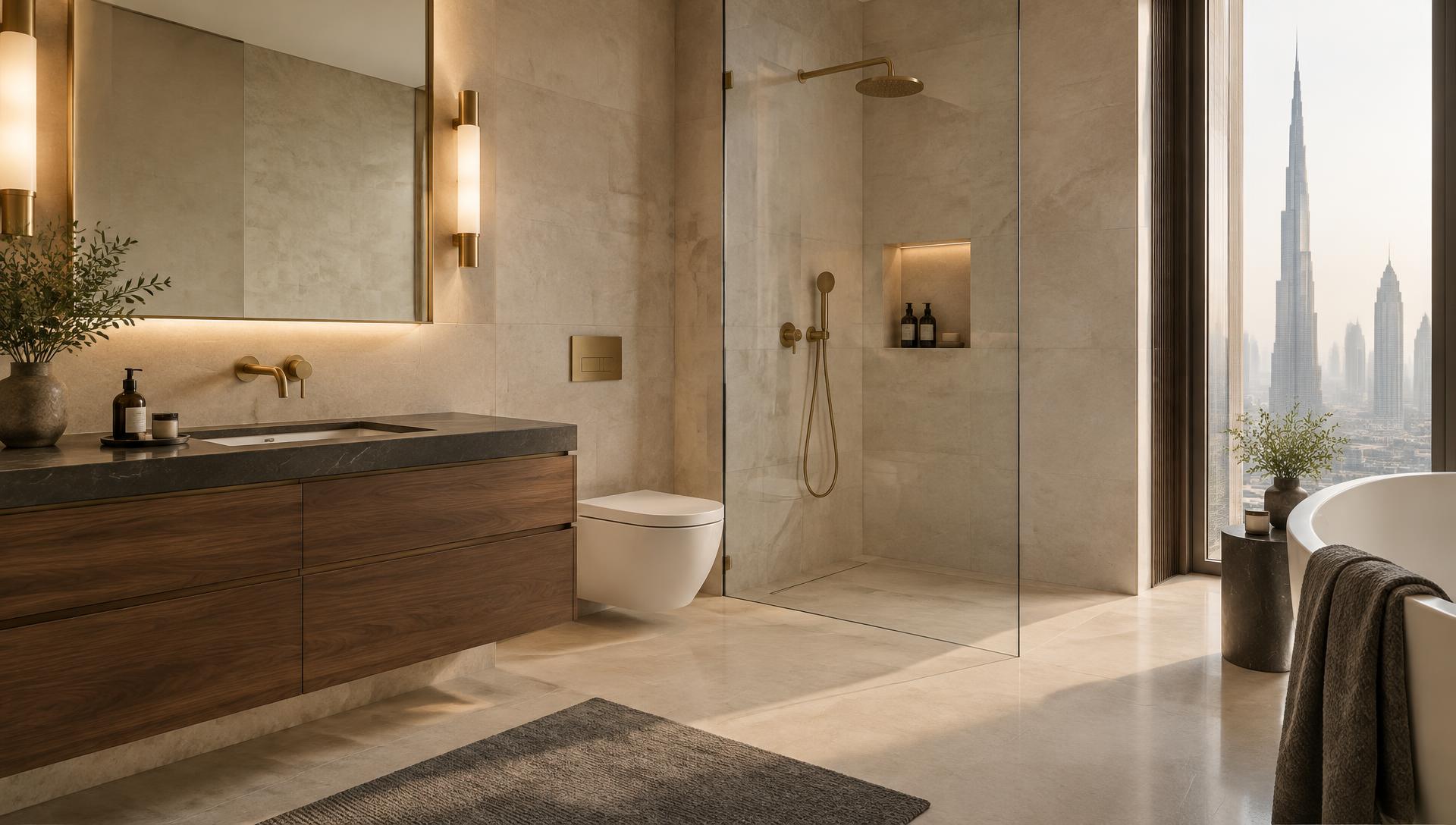 Tasteful luxury bathroom with stone tiling, brushed gold plumbing fittings and wall lighting