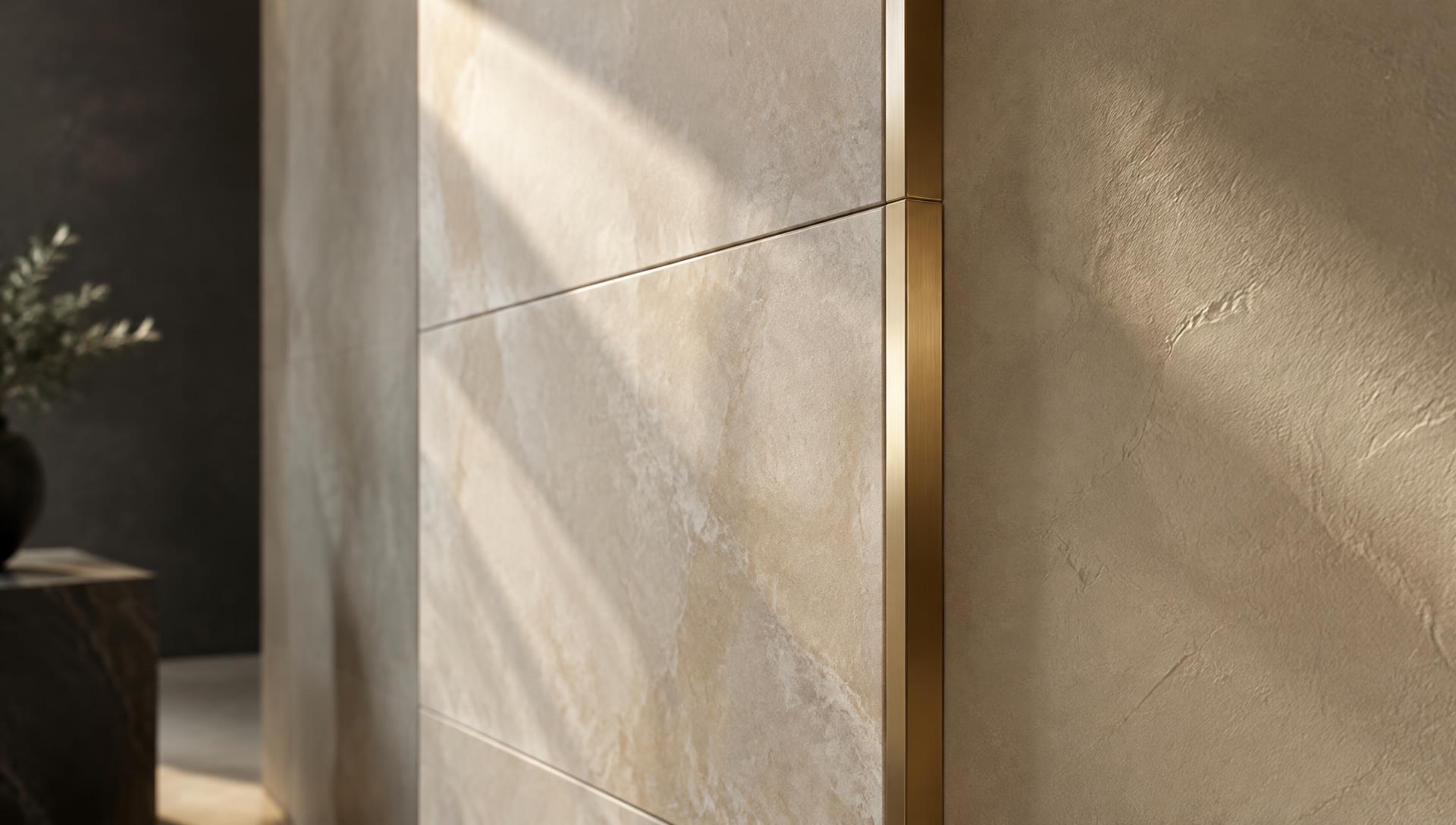 Close-up of premium wall tiling meeting a plastered wall with a brushed gold edge profile
