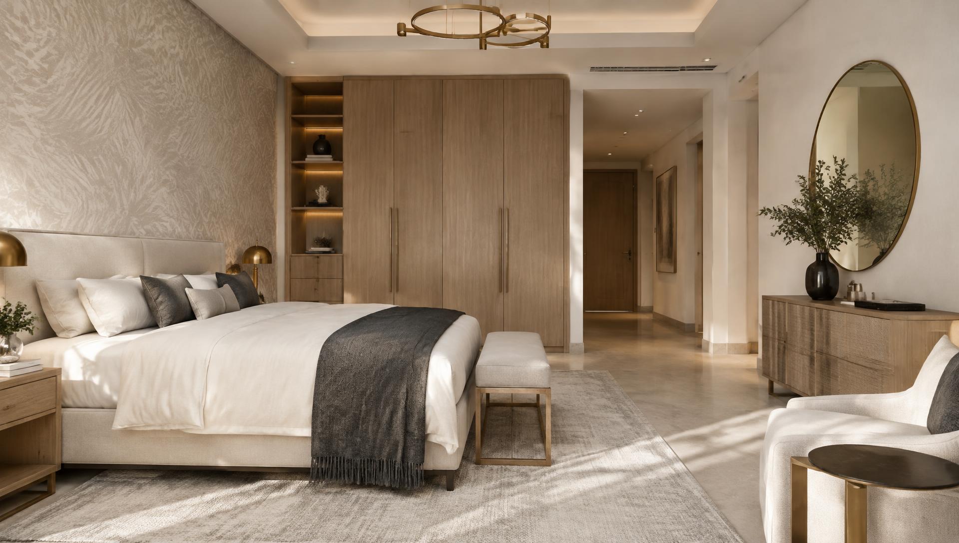 Elegant bedroom interior with wallpaper, painted walls and oak carpentry details