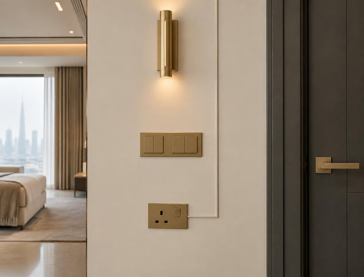 Brushed gold switches, sockets and wall light neatly fitted on an ivory wall