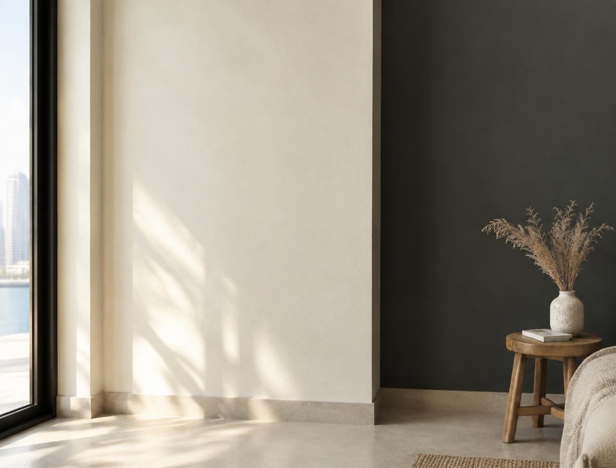 Calm residential interior with freshly painted ivory and charcoal walls