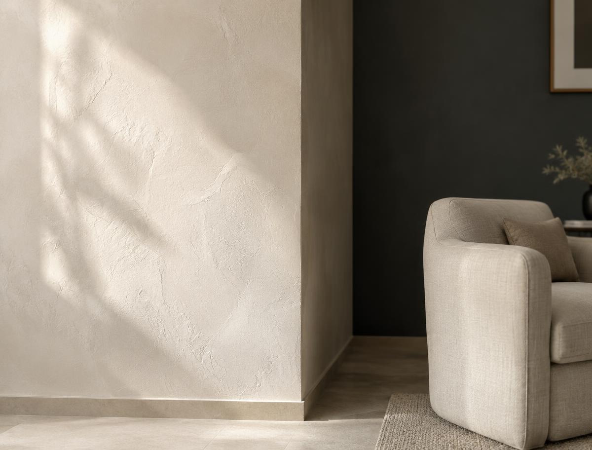 Smooth freshly finished plaster wall in warm ivory catching soft daylight
